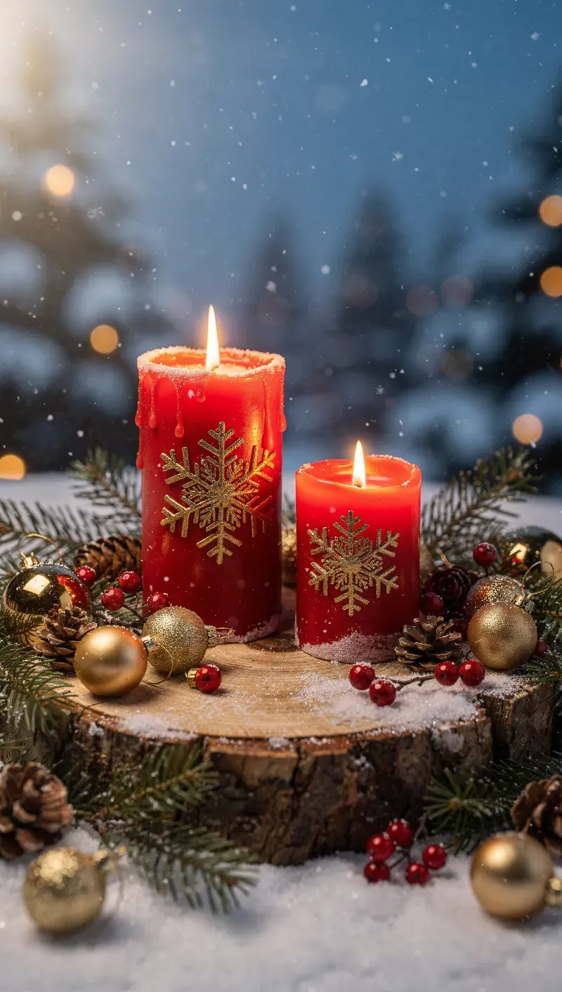 Enchanted Winter Glow: Red Candles and Festive Decor