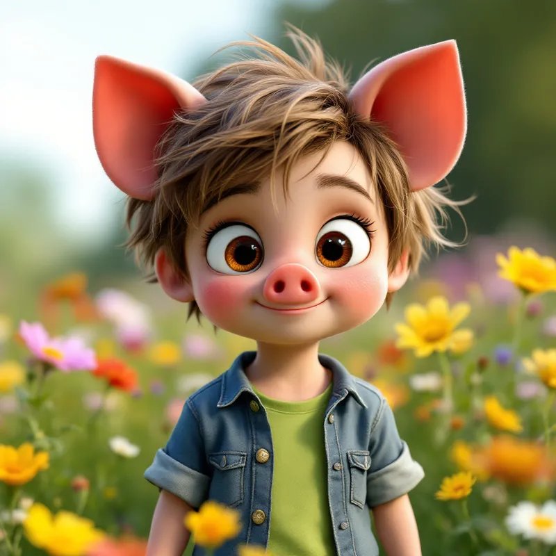 Whimsical 3D Animated Character: Adorable Child with Pig-Like Features in a Sunny Meadow