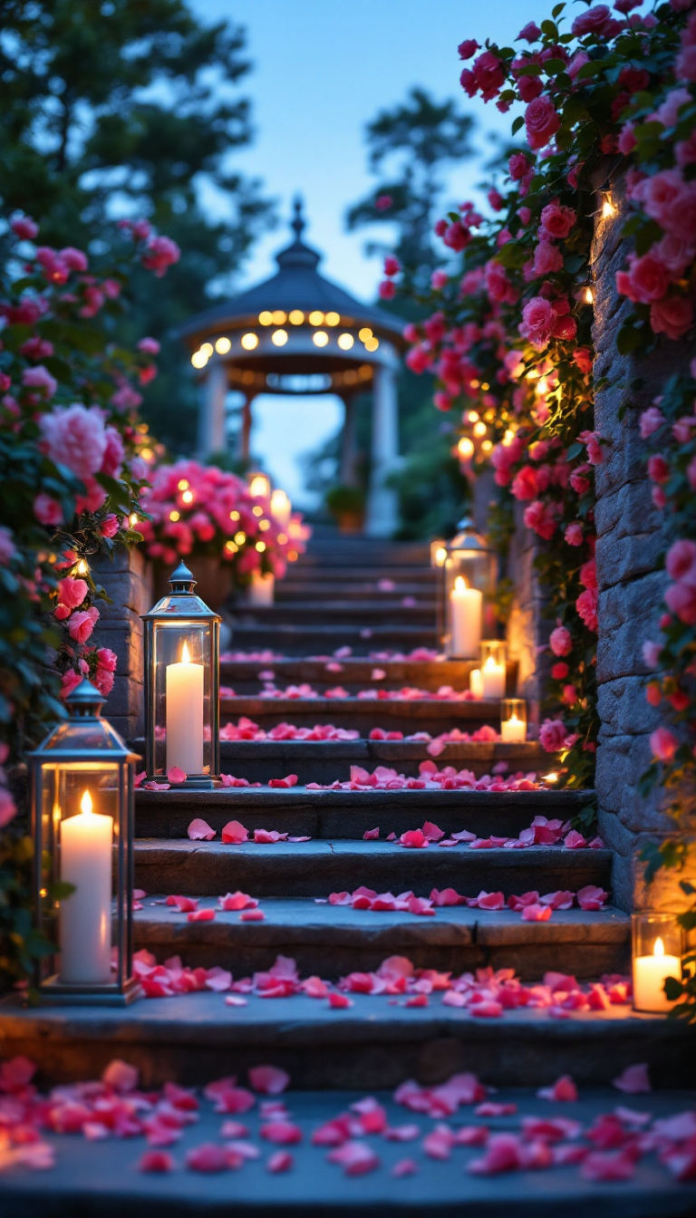 Enchanted Evening: A Romantic Garden Staircase at Dusk
