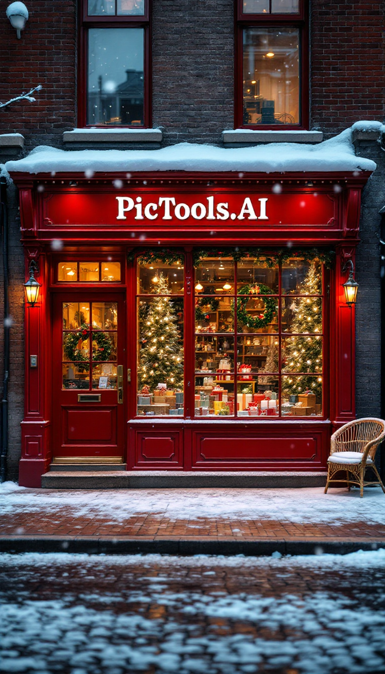 Enchanted Winter Dusk at PicTools.AI: A Vintage Christmas Shopfront