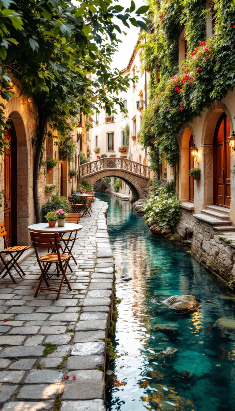 Enchanted Canal Scene: A Quaint Stone Village at Dusk