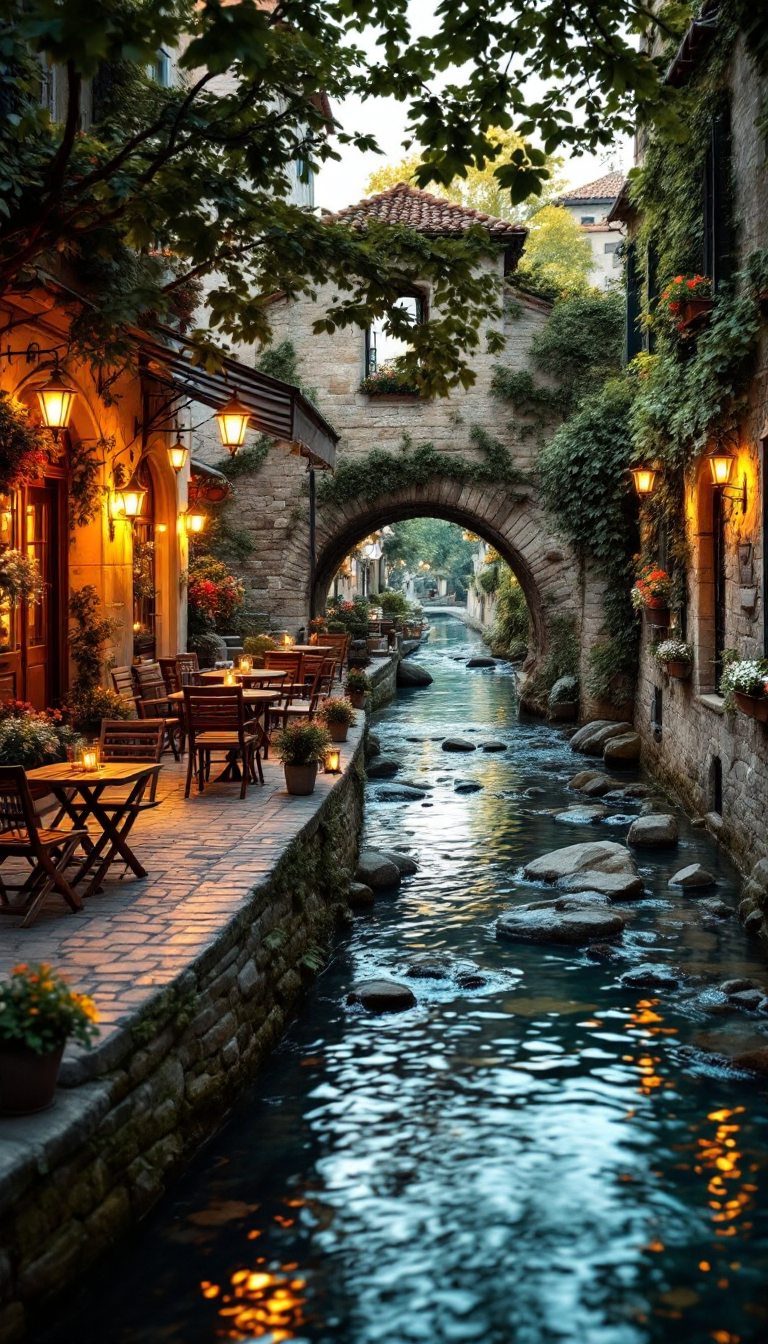 Enchanted Evening by the Canal: A Romantic European Village Scene