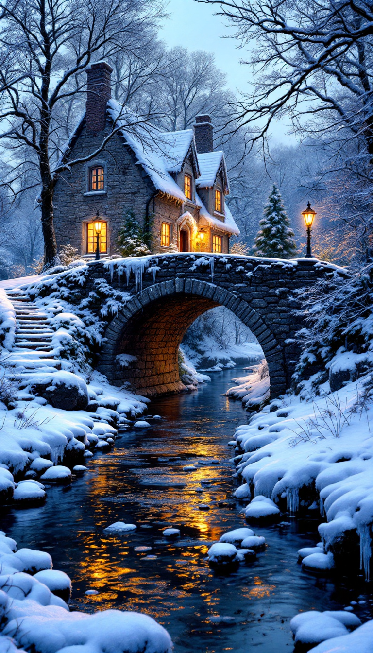 Enchanted Winter Retreat: A Snow-Covered Cottage by the Creek