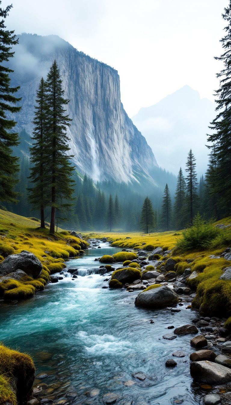 Serene Alpine Oasis: A Waterfall's Embrace