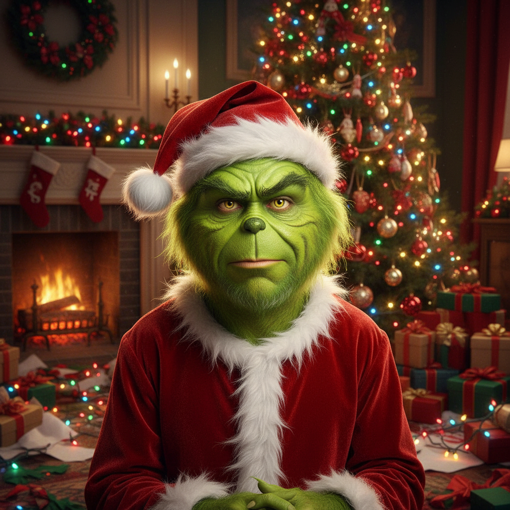 Image edited using the prompt: Turn into the Grinch, in a Christmas setting.