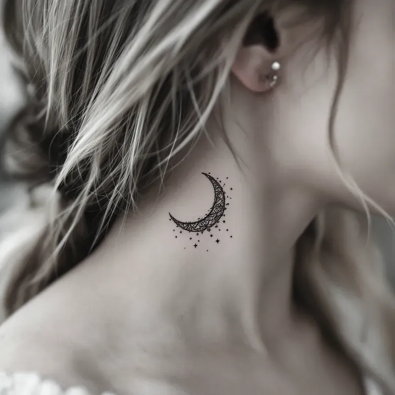 Black-White Tattoo Art Generator - Elegant Crescent Moon Tattoo Behind the Ear