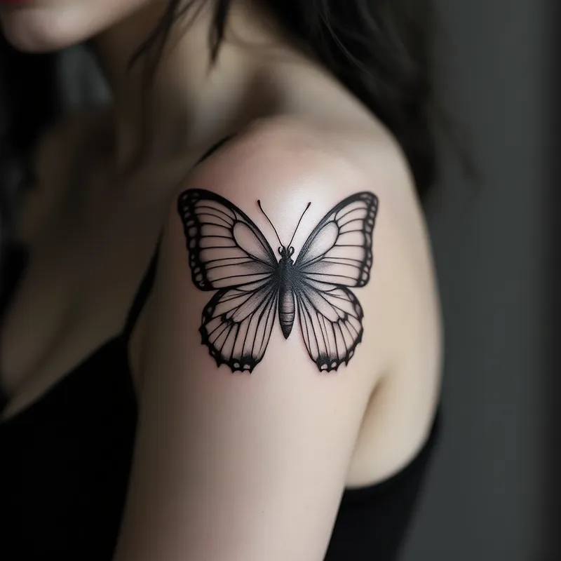 Black-White Tattoo Art Generator - Elegant Realistic Butterfly Tattoo on Uppe…