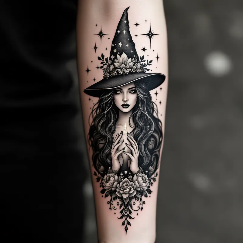 Black-White Tattoo Art Generator - Enchanting Black and Gray Witch Tattoo Design