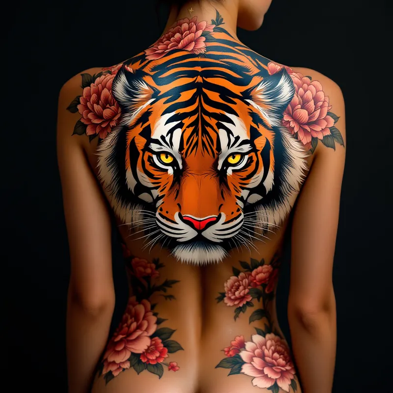 Majestic Tiger Back Tattoo with Peonies and Wind Bars