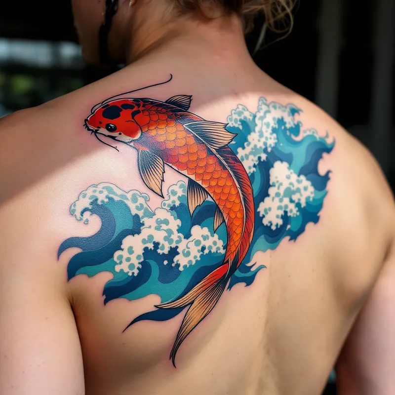 Striking Koi Fish Tattoo Design with Dynamic Blue Waves