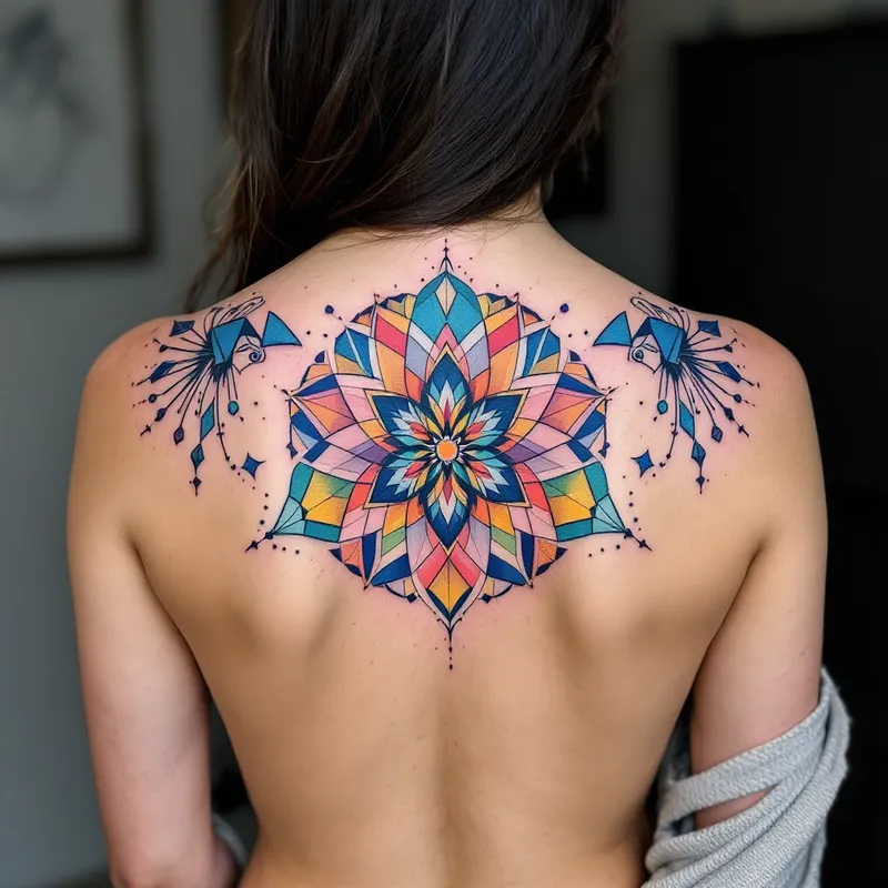 Symmetrical Mandala-Inspired Geometric Tattoo Design for Upper and Mid Back