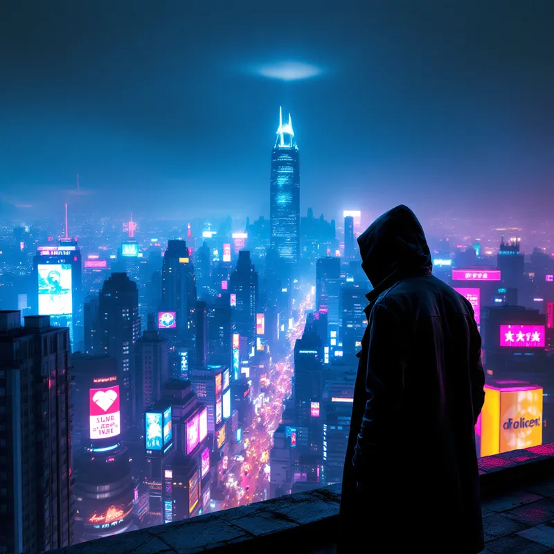 AI-generated image of Neon Sentinel: A Cyberpunk Vigil