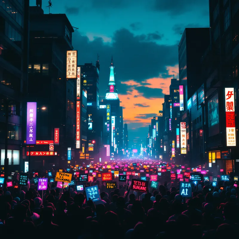 AI-generated image of Neon Uprising: A Cyberpunk Protest Against AI Governance