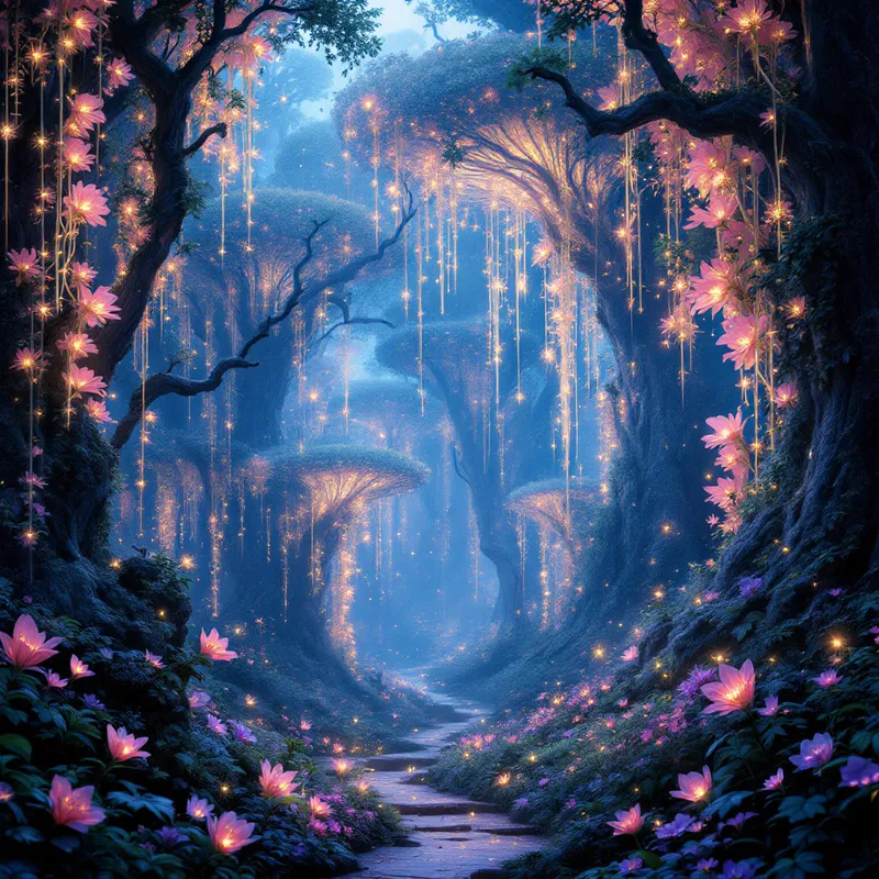Enchanted Pandora: A Dreamlike Journey through a Neon Fantasy Forest