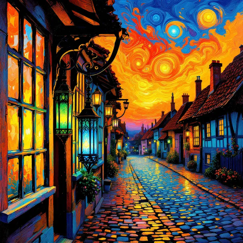 Enchanted Sunset: A Lantern-Lit Village Street