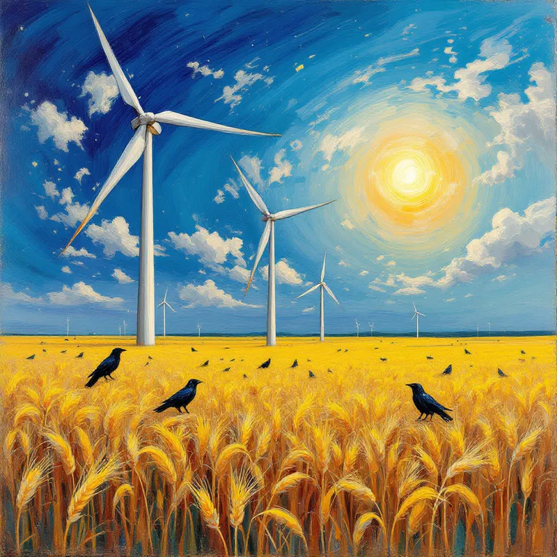 Harmony of Nature: Wheatfields, Crows, and Wind Turbines